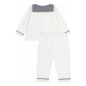 Petit Bateau - بيجامة قطنية عضوية بياقة مخططة | أبيض