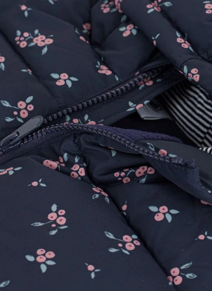 Petit Bateau - جاكيت مبطن بغطاء رأس بنقشة زهور | كحلي