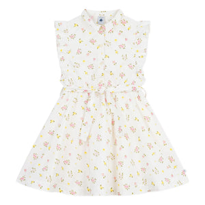 Petit Bateau - Kolsuz Çiçek Desenli Organik Pamuk Elbise | Beyaz