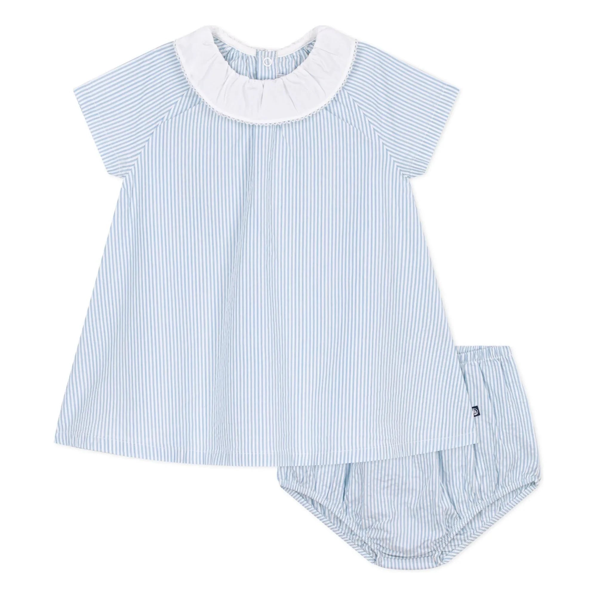 Petit Bateau - Çizgili Seersucker Organik Pamuk Yaka ve Bloomer Elbise Seti | Mavi