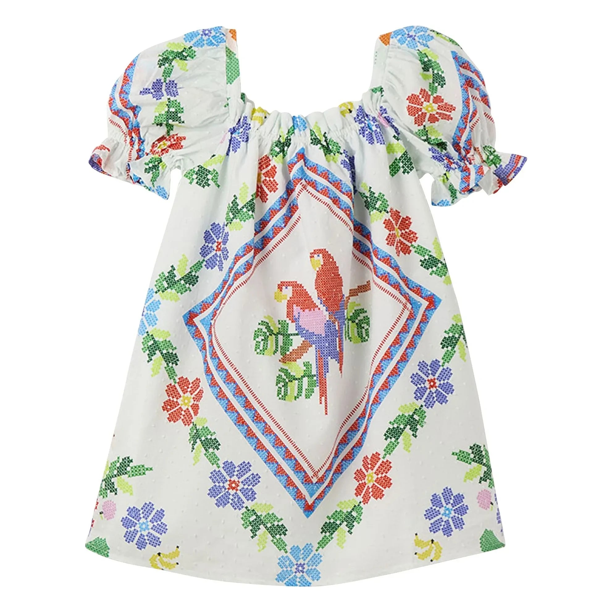 Fabula - Çiçek Desenli Balon Kollu Elbise | Beyaz