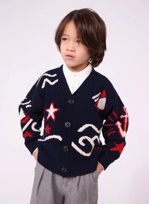 Petit Bateau - كارديغان من الصوف بياقة V بقصة واسعة باللون الأزرق البحري