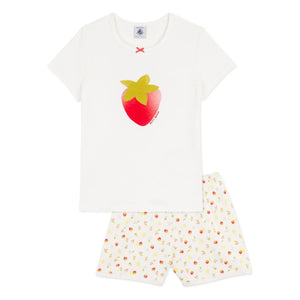 Petit Bateau - Çilek Desenli Organik Pamuklu Kısa Pijama | Ekru