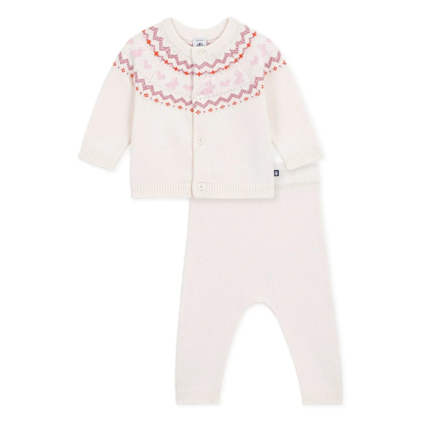 Petit Bateau - طقم كارديغان وبنطال جاكار من الصوف | وردي