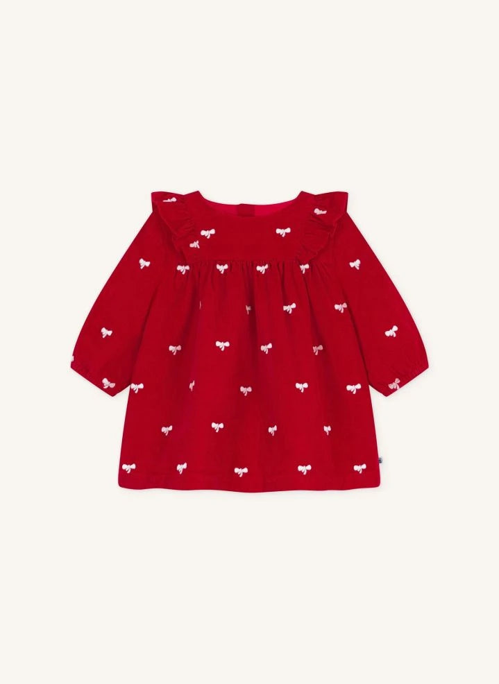 Petit Bateau - فستان كوردروي أحمر من القطن العضوي مع فيونكة
