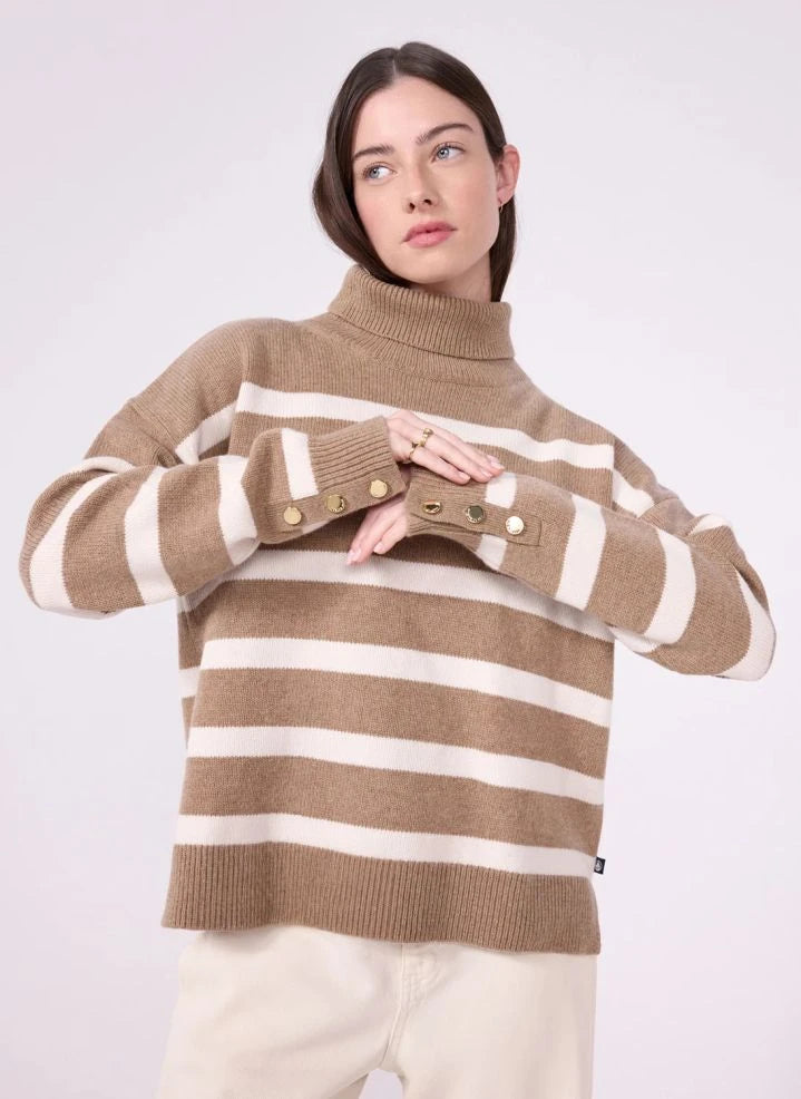 Petit Bateau - كنزة صوفية مقلمة بياقة عالية | بيج