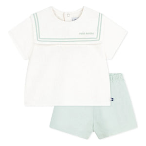 Petit Bateau - Lacivert yakalı üst ve keten şort takımı | Sage