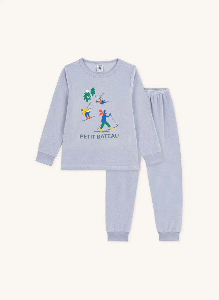 Petit Bateau - بيجاما تزلج للأطفال من مخمل قطن عضوي | أزرق رمادي