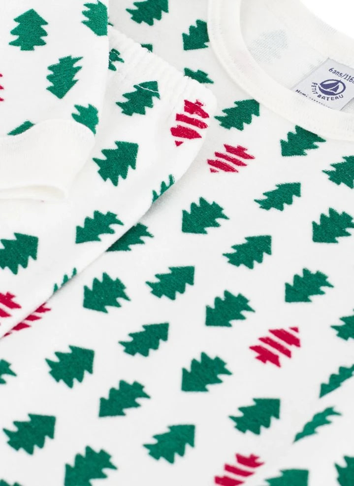 Petit Bateau - بيجامات شجرة التنوب مخمل قطن عضوي | أبيض