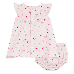 Petit Bateau - Organik pamuklu gazlı çiçekli elbise ve bloomer seti | Pembe