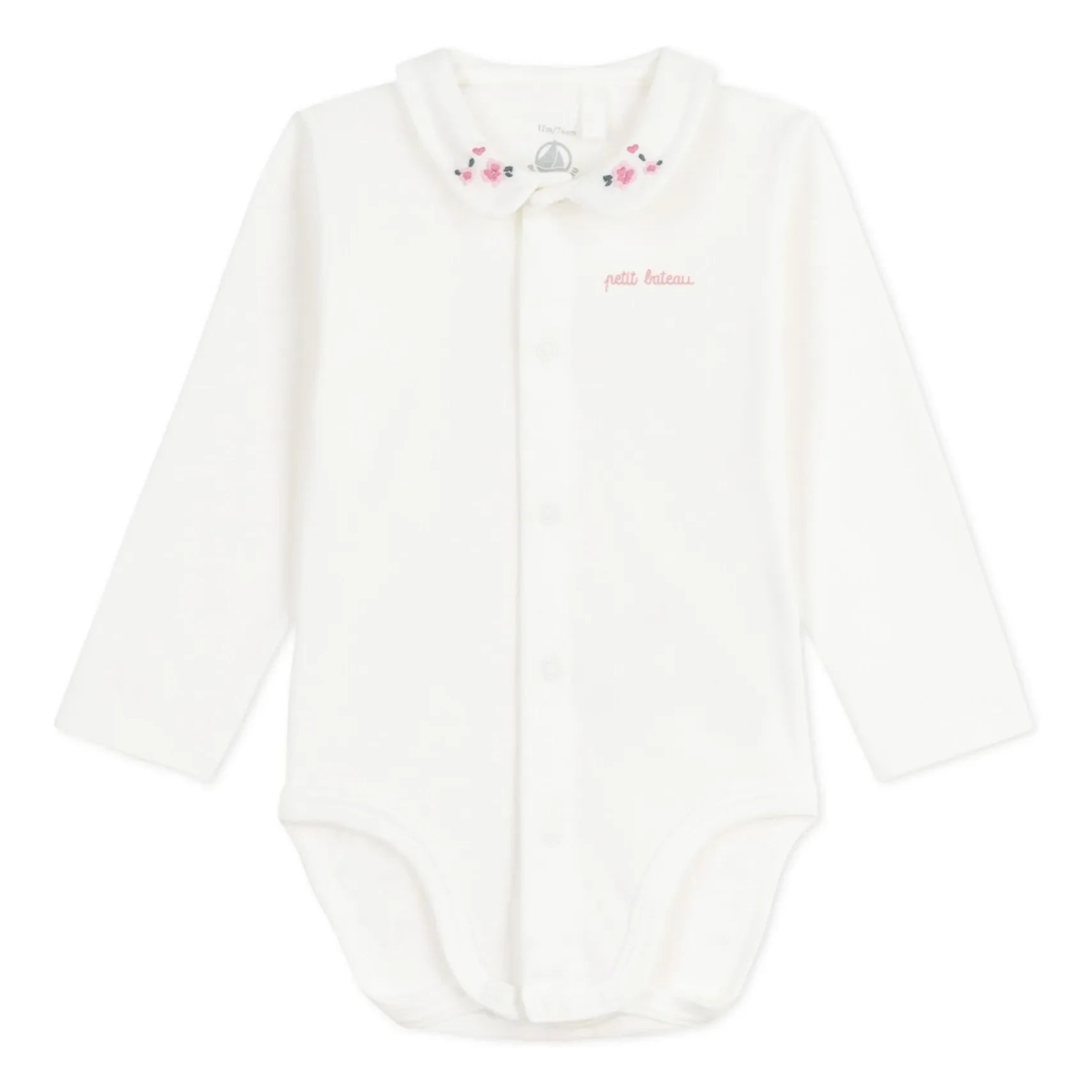 Petit Bateau - Organik pamuklu çiçek işlemeli yakalı body | Beyaz