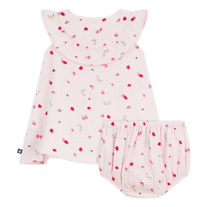 Petit Bateau - Organik pamuklu gazlı çiçekli elbise ve bloomer seti | Pembe