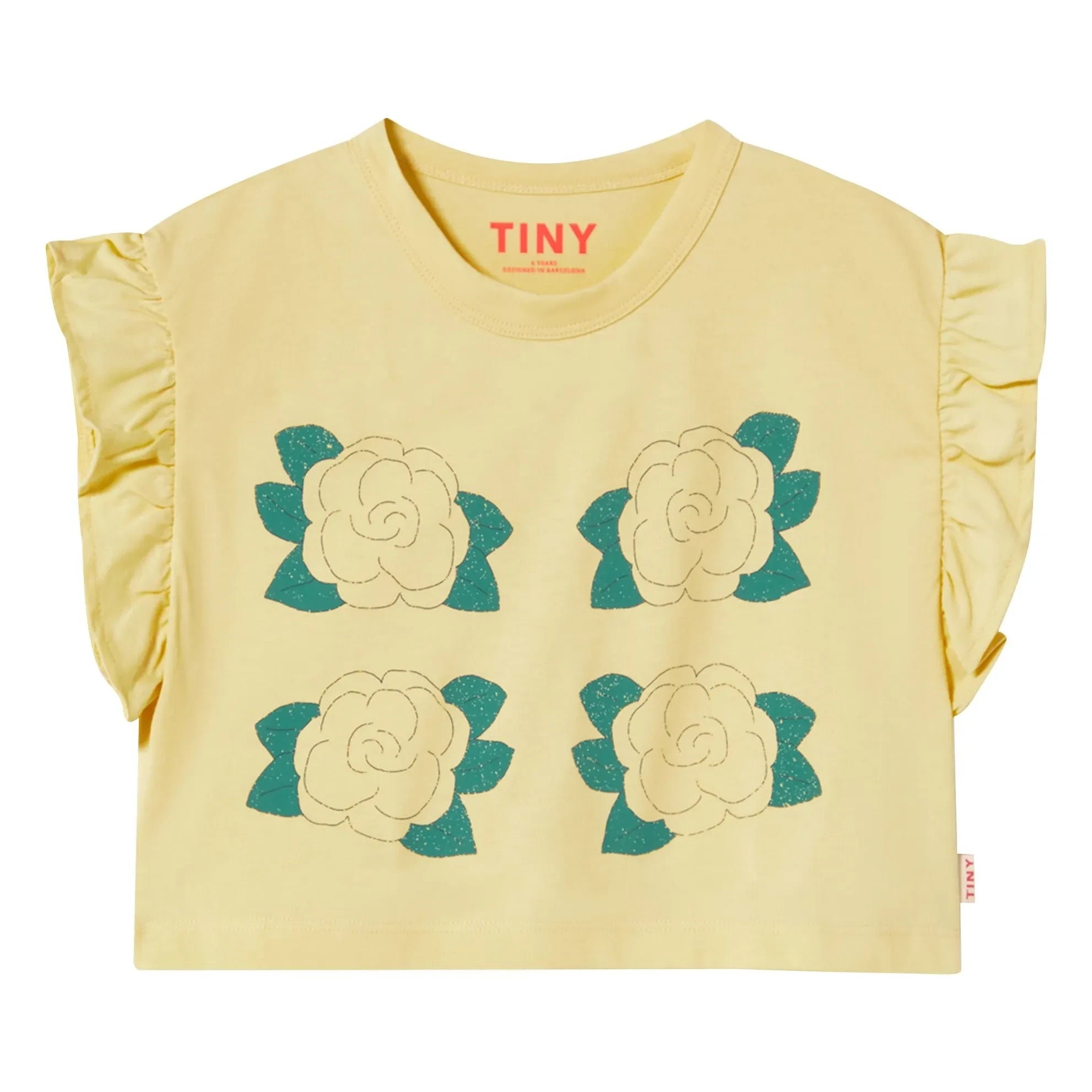 Tinycottons - Organik pamuklu pembe fırfırlı kısa T-shirt | Soluk sarı