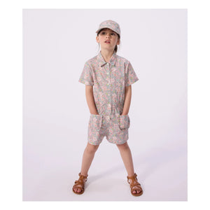 Petit Bateau - Organik Pamuk Poplin Çiçekli Tulum | Gri mavi