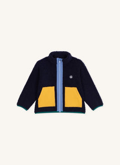 Petit Bateau - معطف شيربا بلوك ألوان باللون الأزرق منتصف الليل