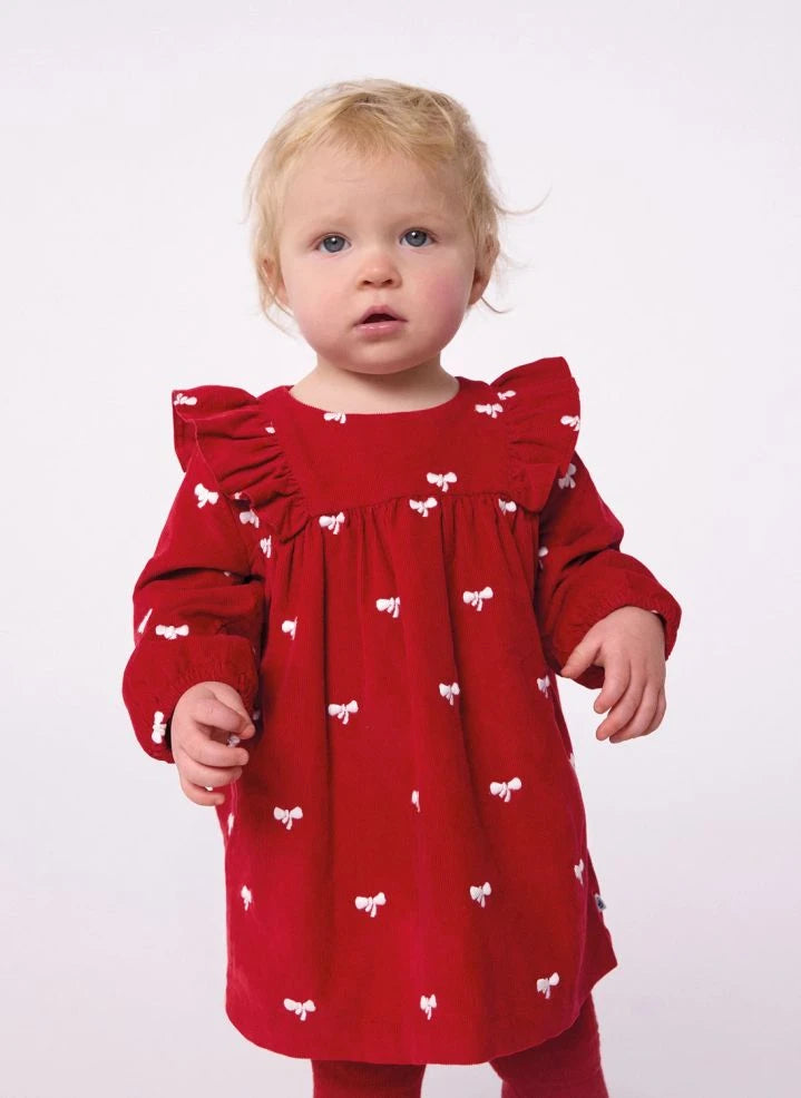 Petit Bateau - فستان كوردروي أحمر من القطن العضوي مع فيونكة