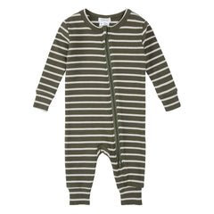Petit Lem - Çizgili Ribanalı Ayaksız Modal ve Organik Pamuktan Pijama | Koyu yeşil