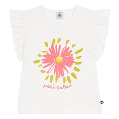 Petit Bateau - Organik pamuklu çiçekli fırfırlı T-shirt | Beyaz