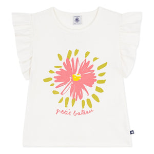 Petit Bateau - Organik pamuklu çiçekli fırfırlı T-shirt | Beyaz