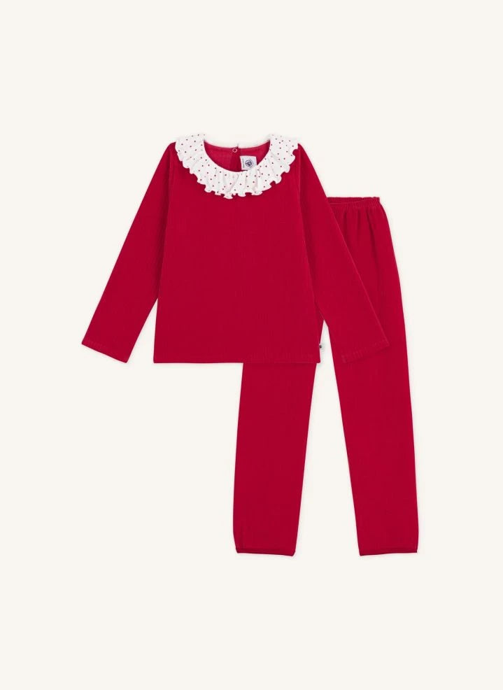 Petit Bateau - بيجاما بياقة مزمّرة من قطن عضوي | أحمر