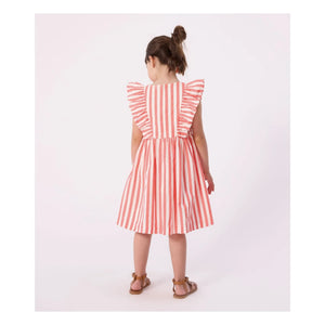 Petit Bateau - Çizgili Organik Pamuklu Fırfırlı Elbise | Mercan