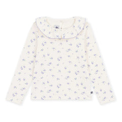 Petit Bateau - Çiçek Desenli Fırfırlı Yaka Tişört | Ekru