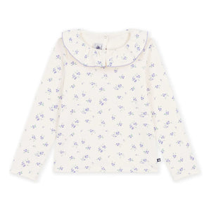 Petit Bateau - Çiçek Desenli Fırfırlı Yaka Tişört | Ekru