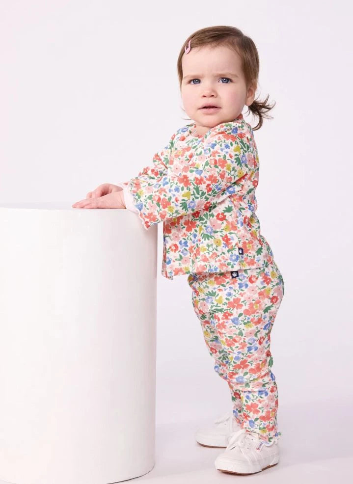 Petit Bateau - كارديغان أطفال بنقشة زهور من قطن عضوي | أبيض