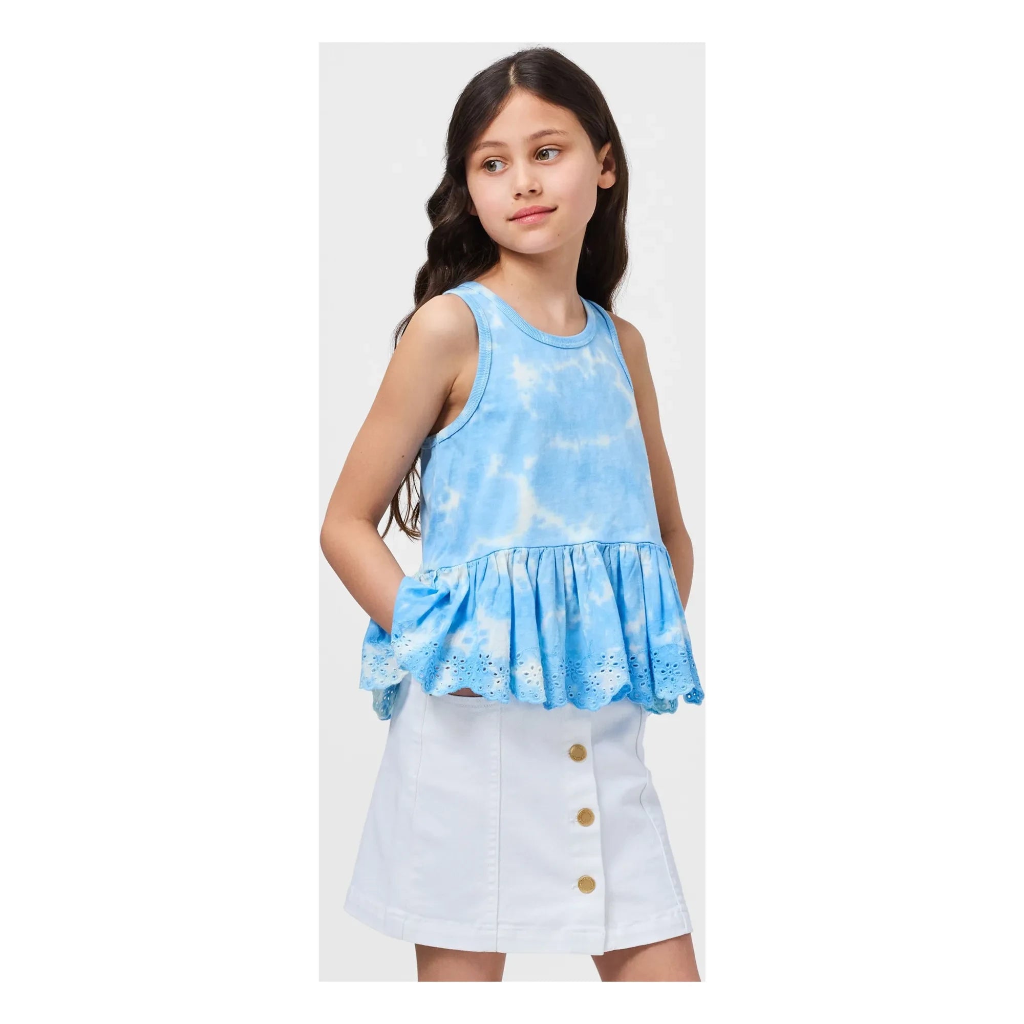 Molo - Rosa Tie and Dye organik pamuklu fırfırlı atlet | Açık Mavi