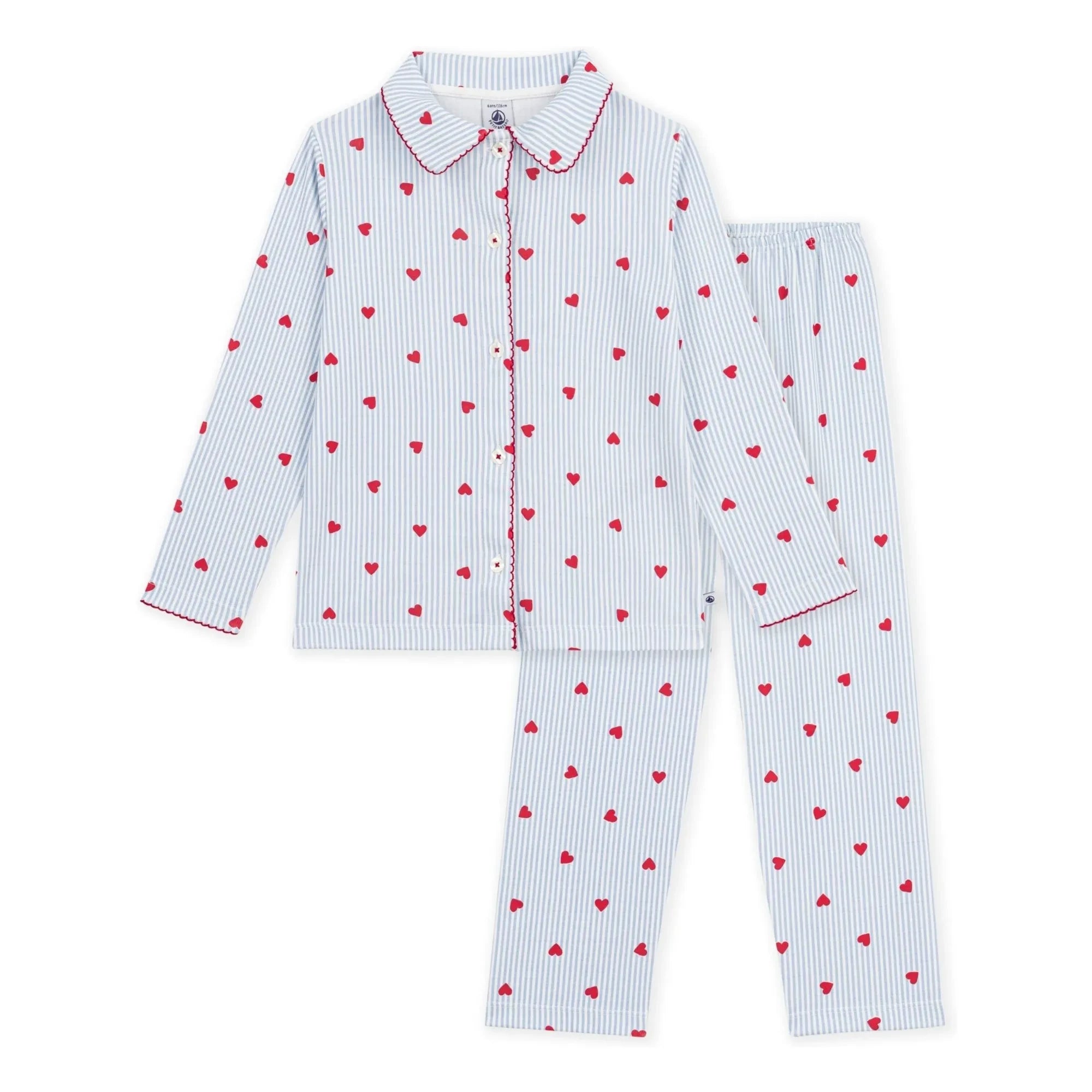 Petit Bateau - Çizgili Kalpli Pijama Gömleği Organik Pamuk | Mavi