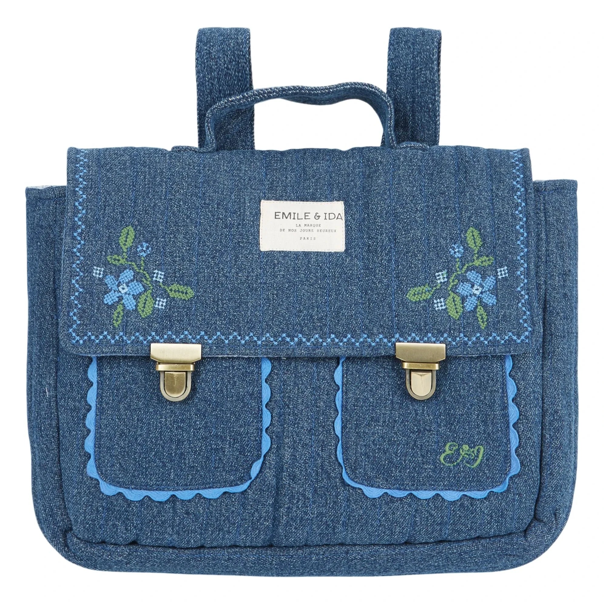 Emile et Ida - Kot İşlemeli Postacı Çantası | Mavi