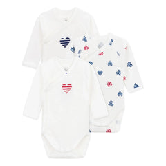 Petit Bateau - 3'lü Çizgili Kalp Organik Pamuk Bebek Body Seti | Ecru