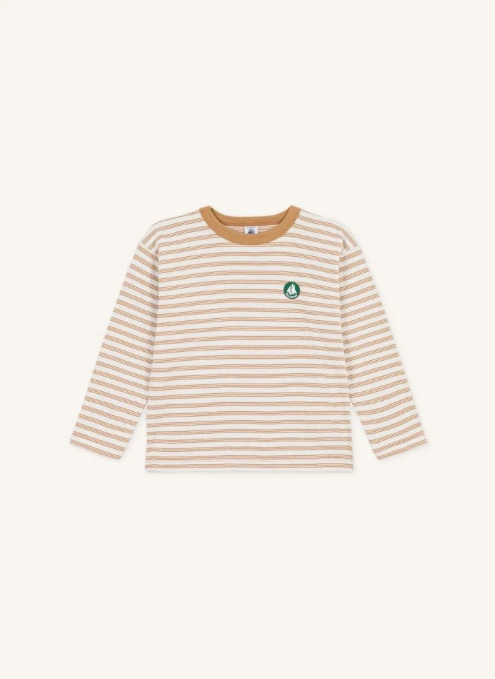 Petit Bateau - تيشيرت مخطط بشعار من القطن العضوي | بيج