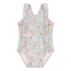 Petit Bateau - Çiçek Desenli Volanlı Bebek Mayo | Turkuaz