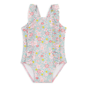 Petit Bateau - Çiçek Desenli Volanlı Bebek Mayo | Turkuaz