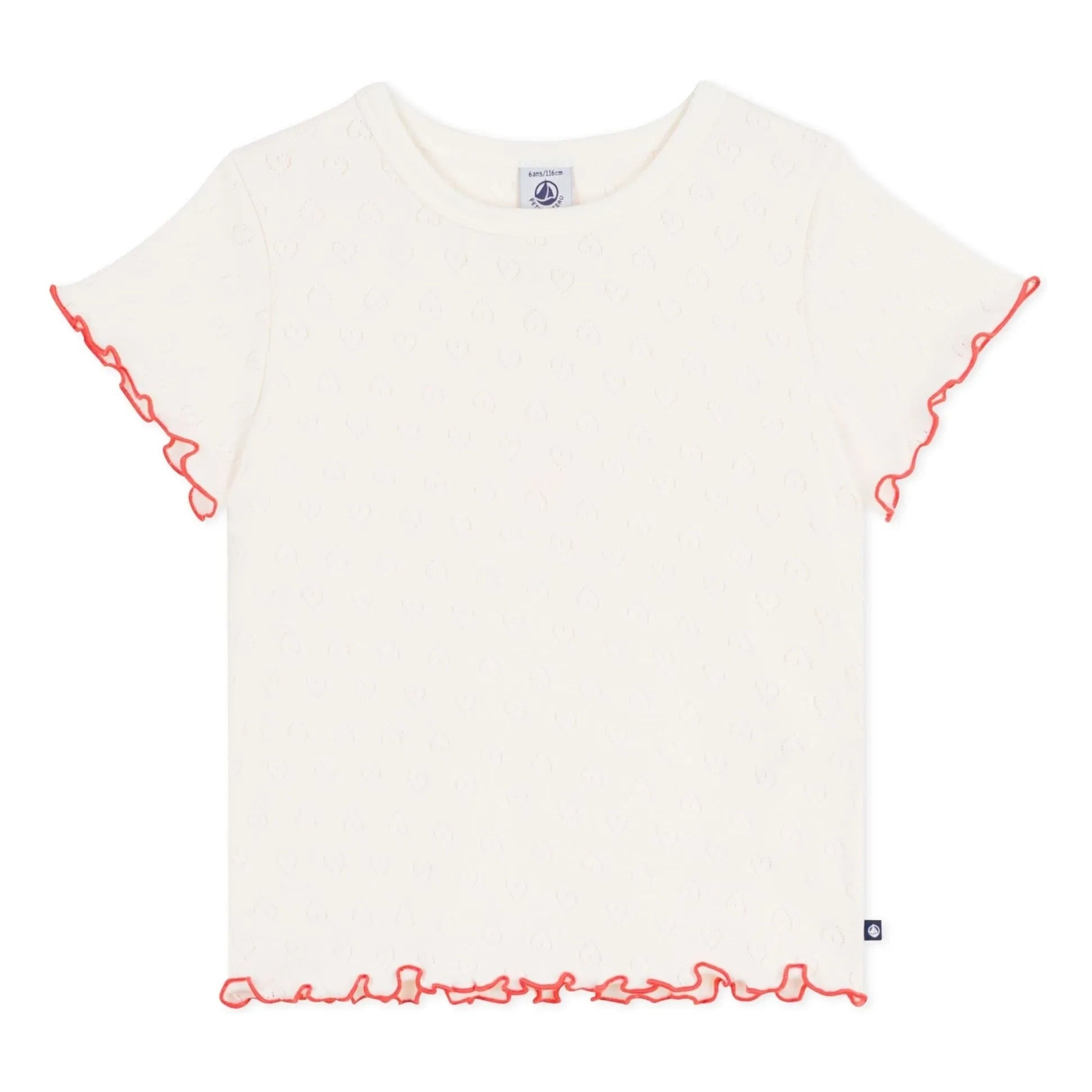 Petit Bateau - Ajurlu Fırfırlı Kalpler Tişört | Ekru