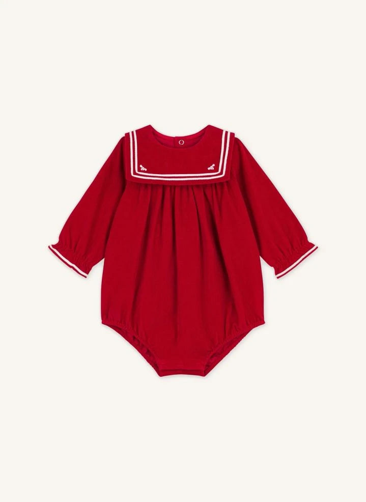 Petit Bateau - جمبسوت مخملي من القطن العضوي | أحمر