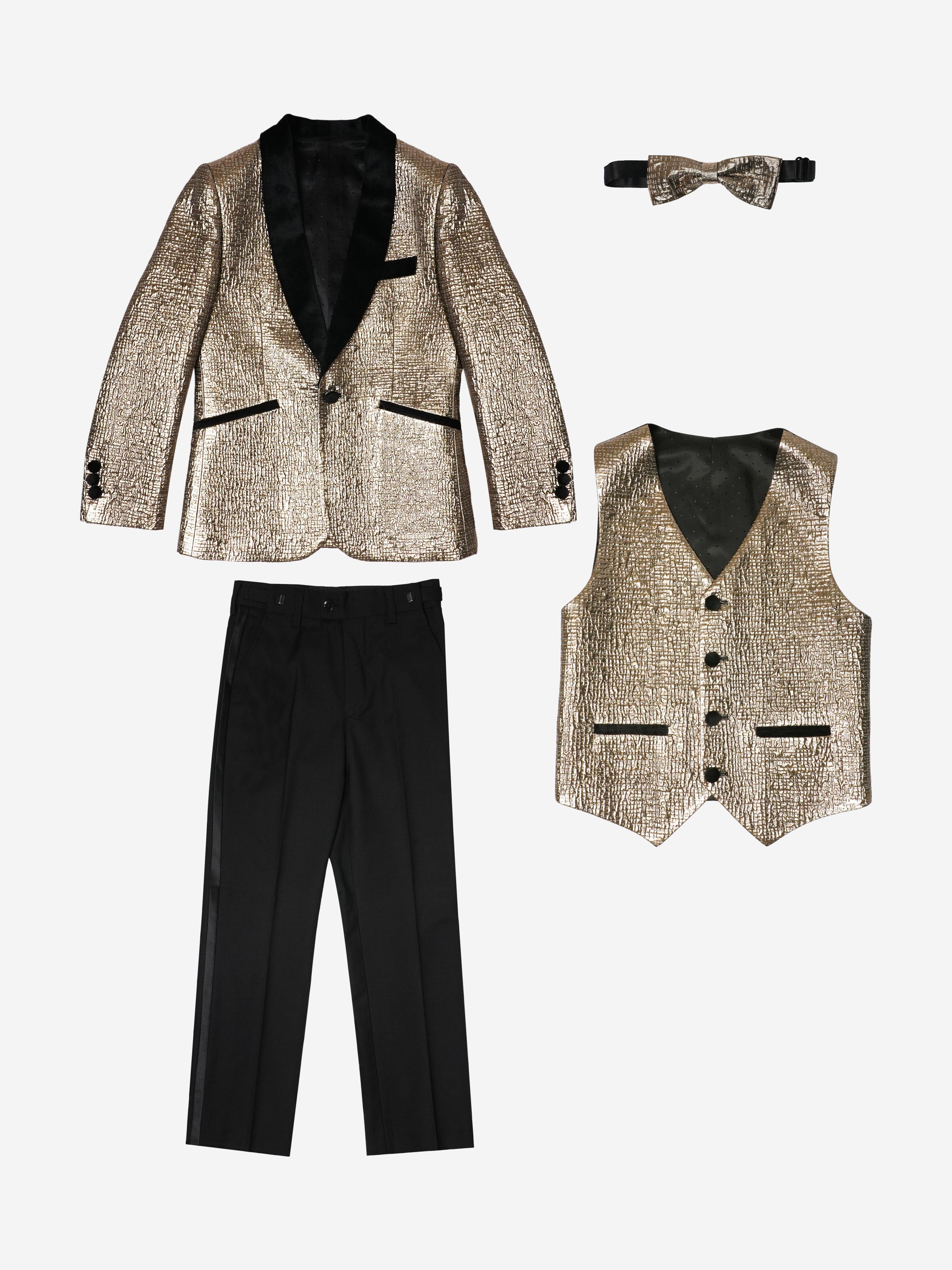 Romano Boys Velvet Shawl Collar 4 Piece Suit in Gold