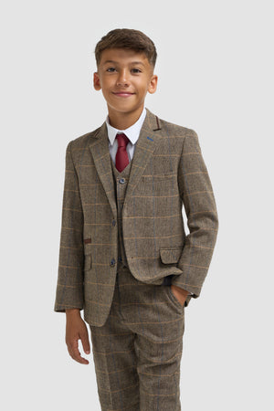 House Of Cavani Boys Albert Tweed Check Suit in Brown