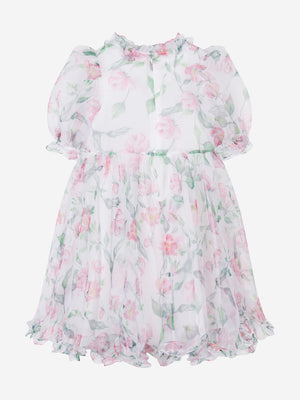 Mama Luma Girls Organza Ruffle Rose Dress in White