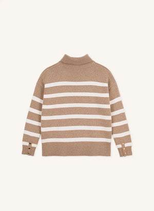 Petit Bateau - كنزة صوفية مقلمة بياقة عالية | بيج