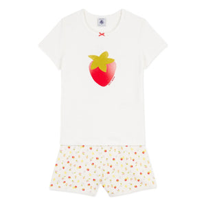 Petit Bateau - Çilek Desenli Organik Pamuklu Kısa Pijama | Ekru
