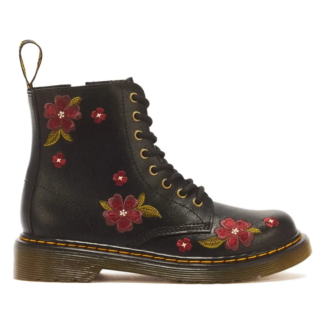 Dr Martens - 1460 J بوتات مزخرفة بالزهور بأربطة | أسود