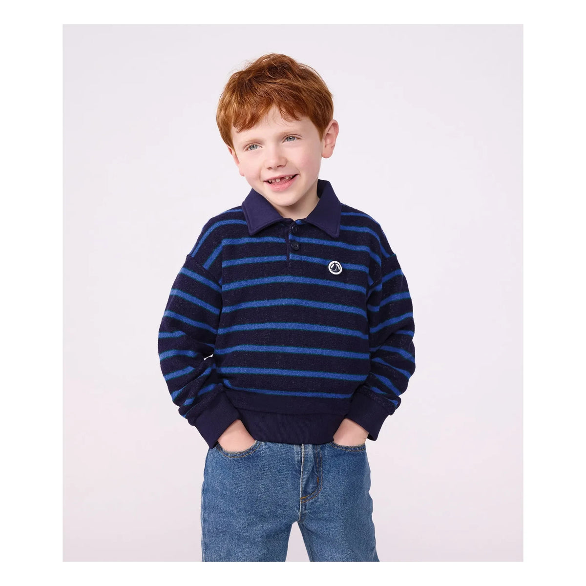 Petit Bateau - Çizgili Polo Yaka Sweat Modal | Mavi