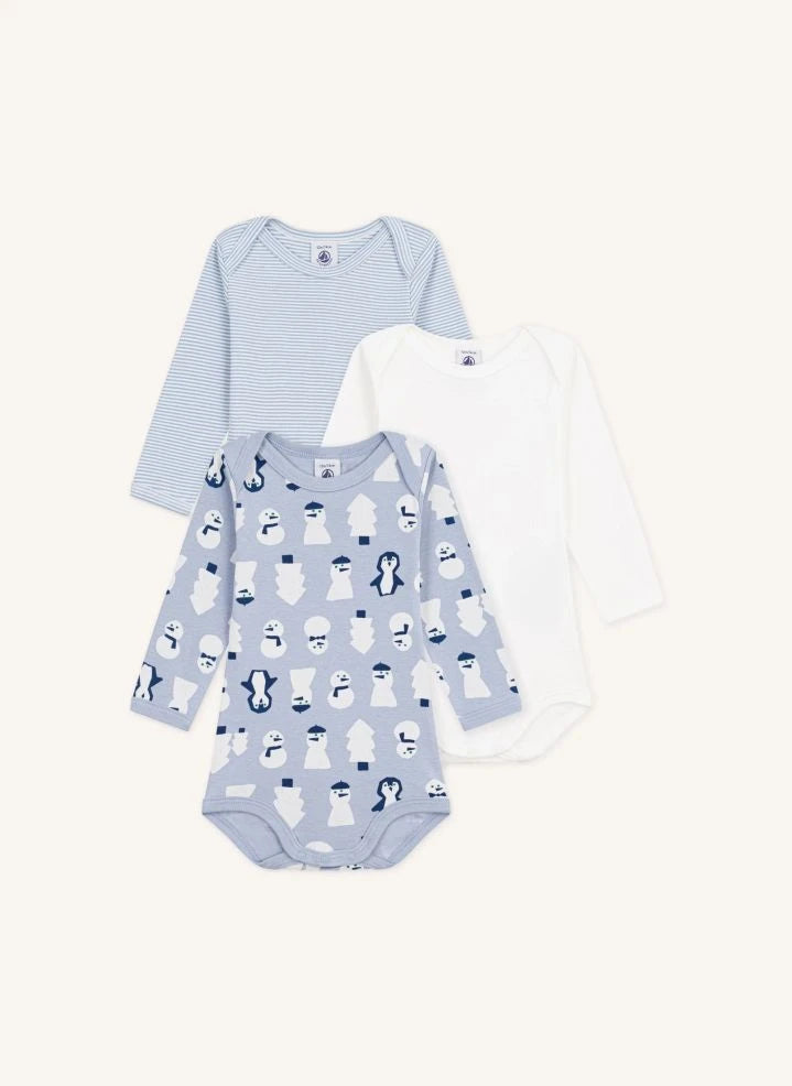 Petit Bateau - طقم بودي 3 قطع من القطن العضوي على شكل رجل ثلج | رمادي أزرق