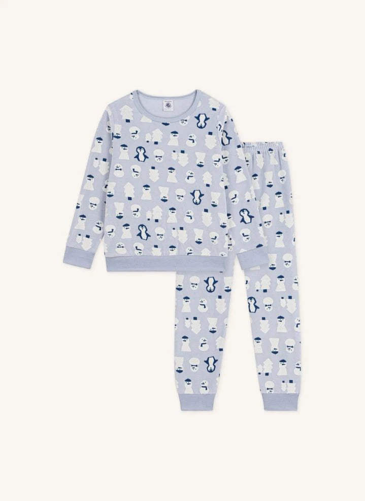 Petit Bateau - بيجامة مخملية من القطن العضوي بنقشة رجل ثلج | رمادي أزرق