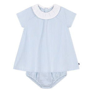 Petit Bateau - Çizgili Seersucker Organik Pamuk Yaka ve Bloomer Elbise Seti | Mavi