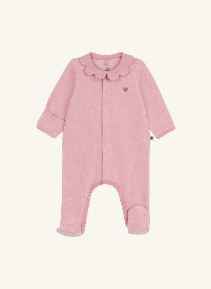 Petit Bateau - Dors Bien بيجامة قطنية عضوية بياقة بكشكش ونقش بارز | وردي