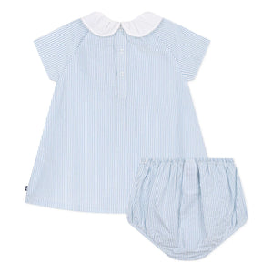 Petit Bateau - Çizgili Seersucker Organik Pamuk Yaka ve Bloomer Elbise Seti | Mavi