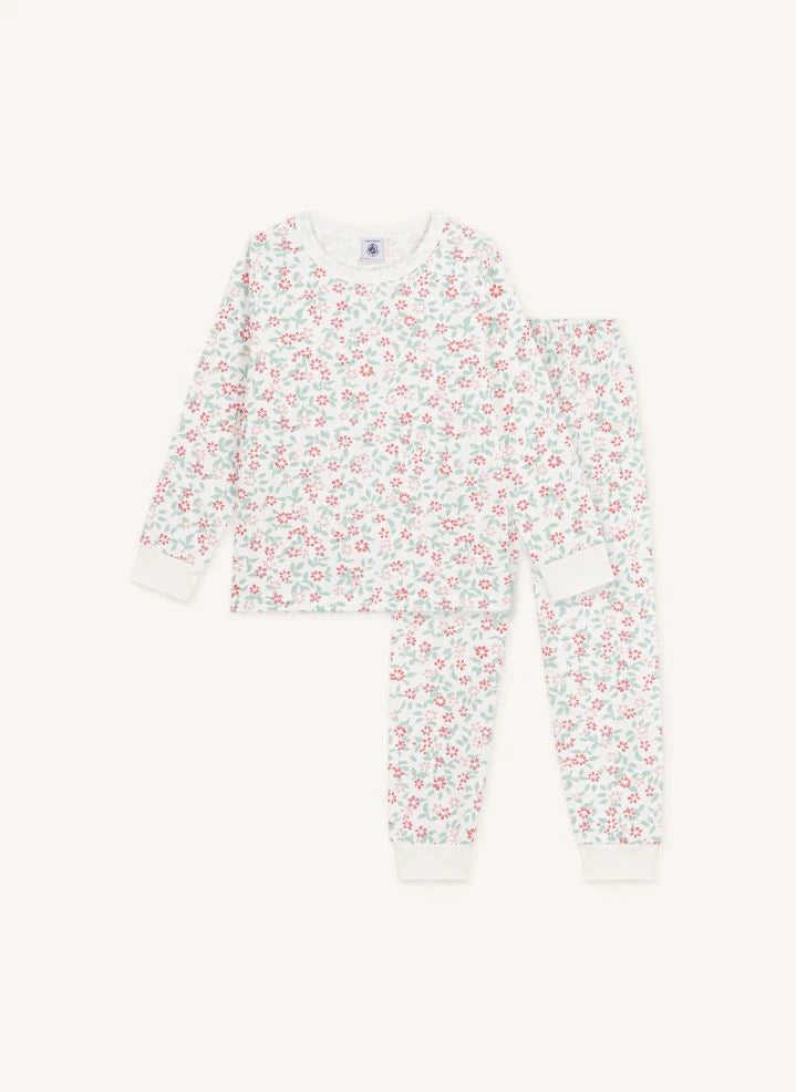 Petit Bateau - بيجاما فليس من القطن العضوي بنقشة زهور | أبيض